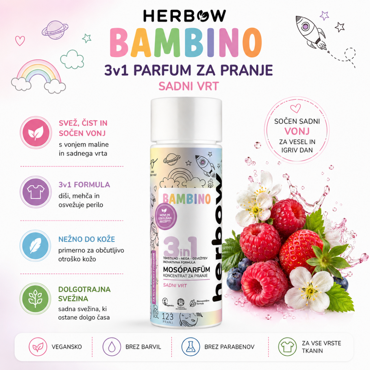 Herbow BAMBINO<br> 3v1 parfum za pranje <br> Sadni Vrt,  200 ml